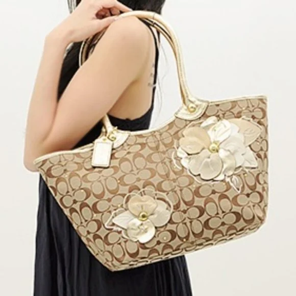 Coach Bleecker Khaki Signature Patchwork Floral Metallic Gold Tote Bag Y2K - Picture 15 of 15